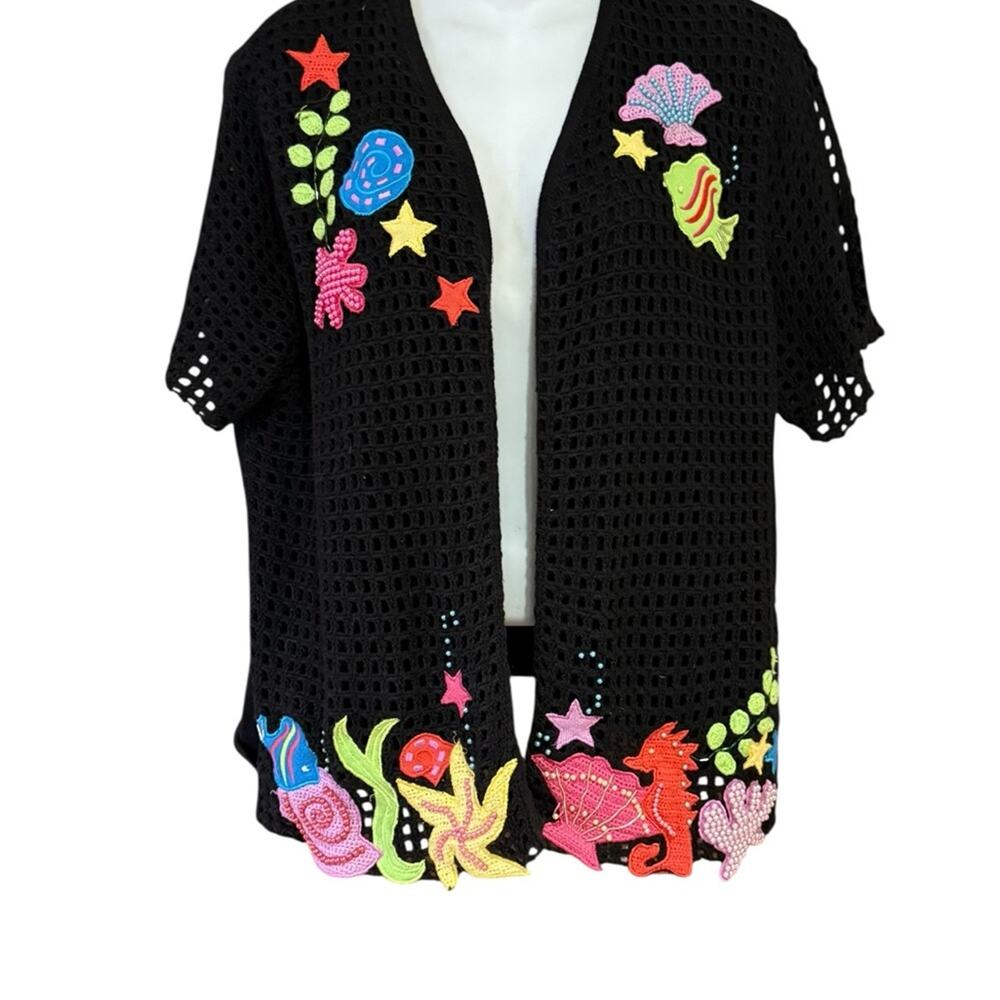 Hampshire Studio SeaLife Colorful Embroidered Black OpenFront Cardigan Womens XL